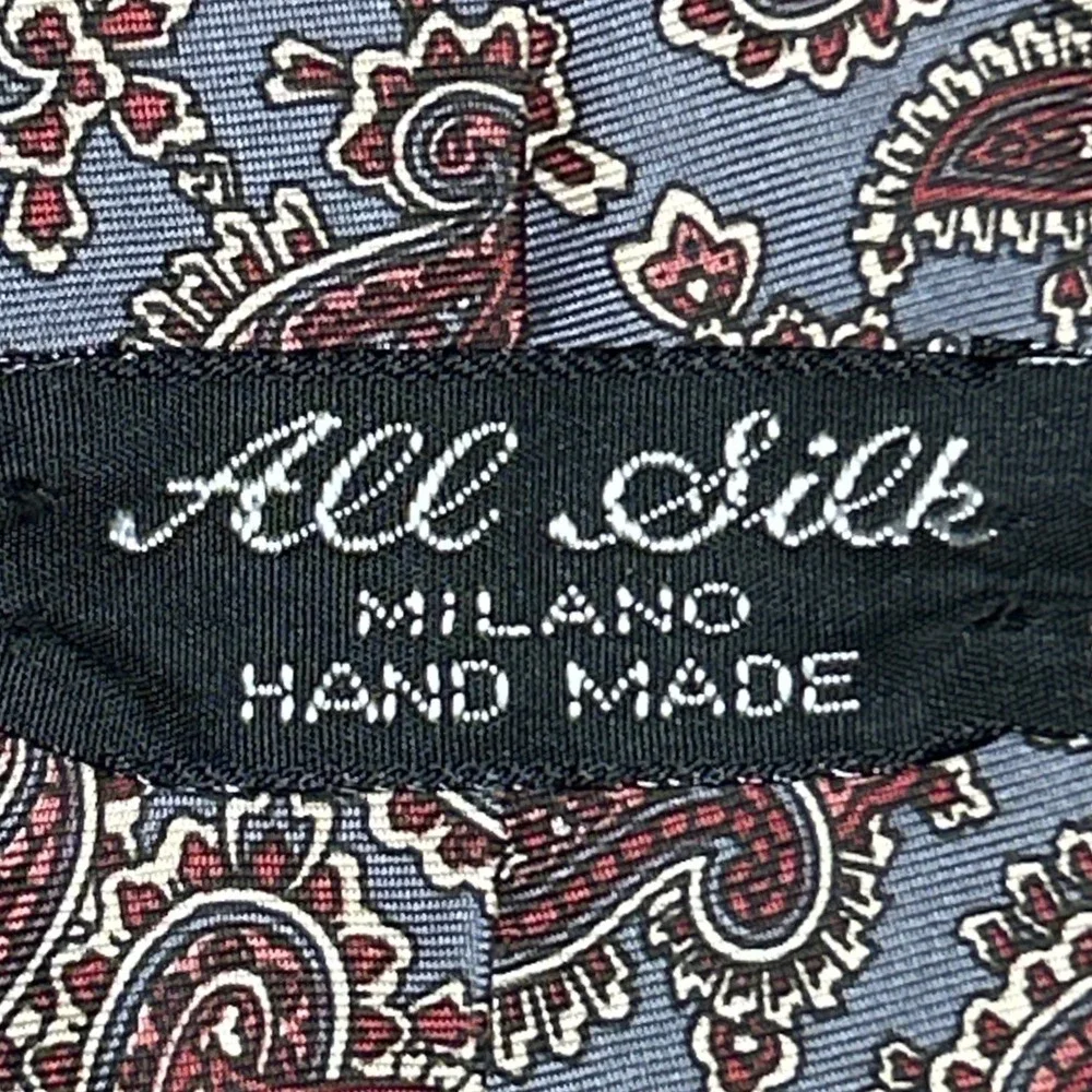 All Silk Milano Hand Made Paisley Print Necktie Blue-Gray Burgundy 55